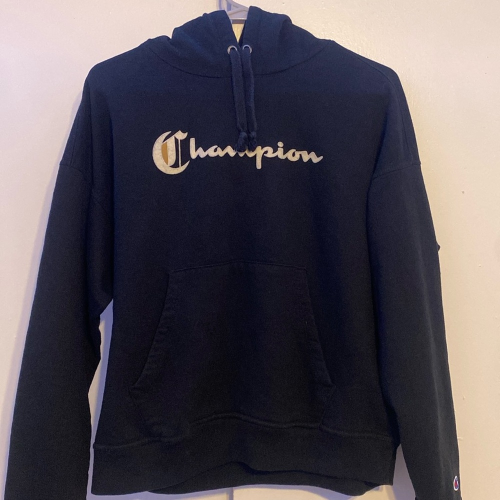 Old English font Champion hoodie.
